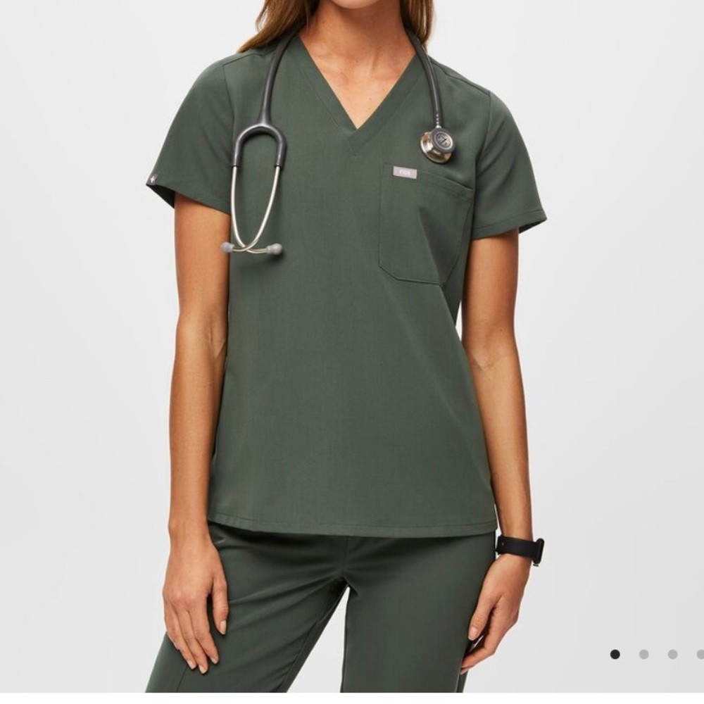 Moss green figs set - nothing wrong just changed jobs. Only worn twice